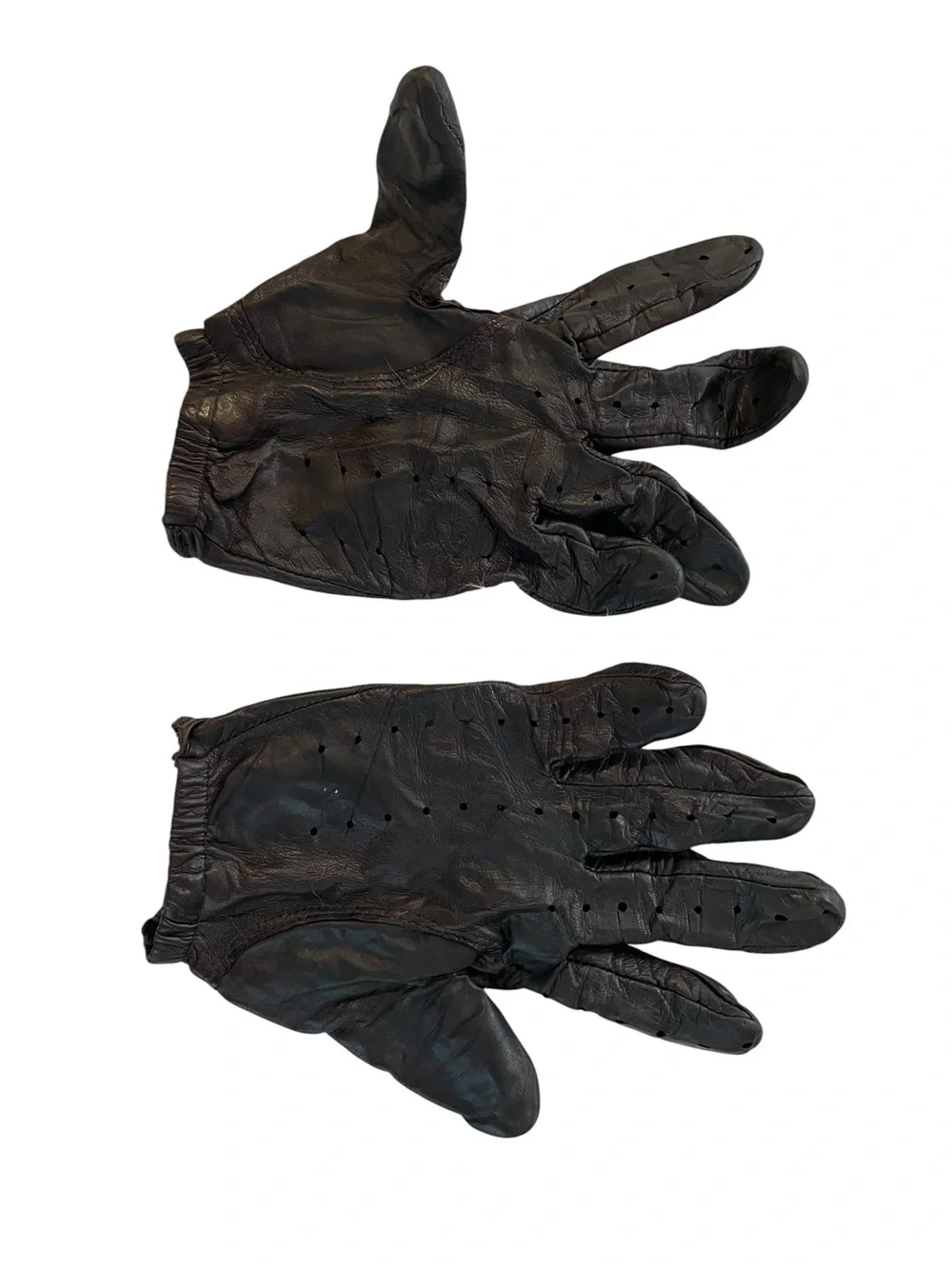 Vintage Brown Leather Driving Gloves Perforated Snap Wrist Unlined Moto Women’s